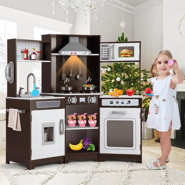 Alt view image 7 of 7 - JOYLDIAS Kids Play Kitchen,Corner Wooden Pretend Toddler Kitchen Toys Playset with Realistic Lights & Sounds,Microwave Oven,Water Dispenser, Phone, Sink,Cooking Accessories, for Ages 3+, Brown