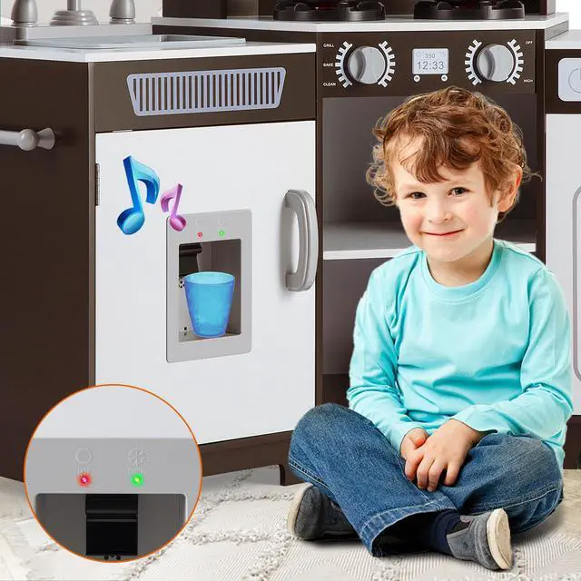 Alt view image 6 of 7 - JOYLDIAS Kids Play Kitchen,Corner Wooden Pretend Toddler Kitchen Toys Playset with Realistic Lights & Sounds,Microwave Oven,Water Dispenser, Phone, Sink,Cooking Accessories, for Ages 3+, Brown