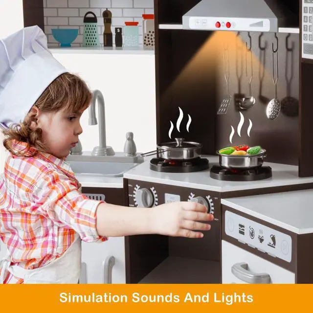Alt view image 5 of 7 - JOYLDIAS Kids Play Kitchen,Corner Wooden Pretend Toddler Kitchen Toys Playset with Realistic Lights & Sounds,Microwave Oven,Water Dispenser, Phone, Sink,Cooking Accessories, for Ages 3+, Brown