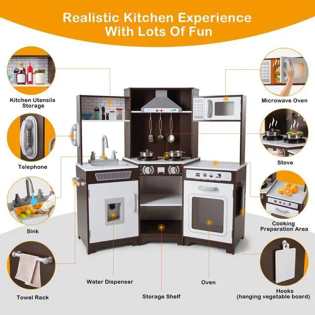 Alt view image 4 of 7 - JOYLDIAS Kids Play Kitchen,Corner Wooden Pretend Toddler Kitchen Toys Playset with Realistic Lights & Sounds,Microwave Oven,Water Dispenser, Phone, Sink,Cooking Accessories, for Ages 3+, Brown