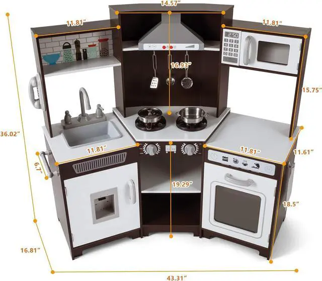 Alt view image 2 of 7 - JOYLDIAS Kids Play Kitchen,Corner Wooden Pretend Toddler Kitchen Toys Playset with Realistic Lights & Sounds,Microwave Oven,Water Dispenser, Phone, Sink,Cooking Accessories, for Ages 3+, Brown