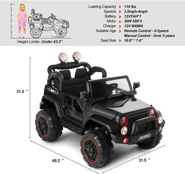 Alt view image 5 of 7 - JOYLDIAS 2 Seater Ride On Truck and Car Cover, 12V Children's Electric Car with Parental Remote Control, Music, MP3 Player, LED Lights, Spring Suspension, Black