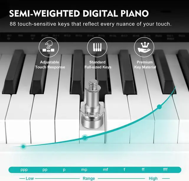 Alt view image 3 of 7 - MUSTAR 88 Key Weighted Keyboard Piano, Full Size Digital Piano 88 Weighted Keys with Stand, Electric Piano Keyboard 88 Keys Semi Weighted with 2x25W Speakers, USB/MIDI, Case, Sustain Pedal, White