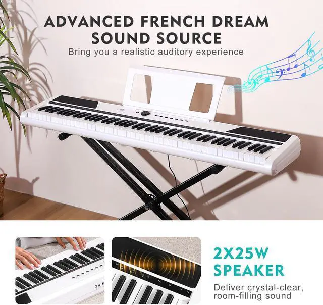 Alt view image 2 of 7 - MUSTAR 88 Key Weighted Keyboard Piano, Full Size Digital Piano 88 Weighted Keys with Stand, Electric Piano Keyboard 88 Keys Semi Weighted with 2x25W Speakers, USB/MIDI, Case, Sustain Pedal, White