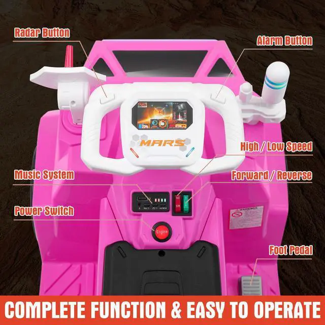 Alt view image 4 of 7 - JOYLDIAS 12V Ride On Car for Kids, Mars Rover Ride On Toy with Radar, Alarm, Remote Control, Music, Bluetooth, Lights, Pink