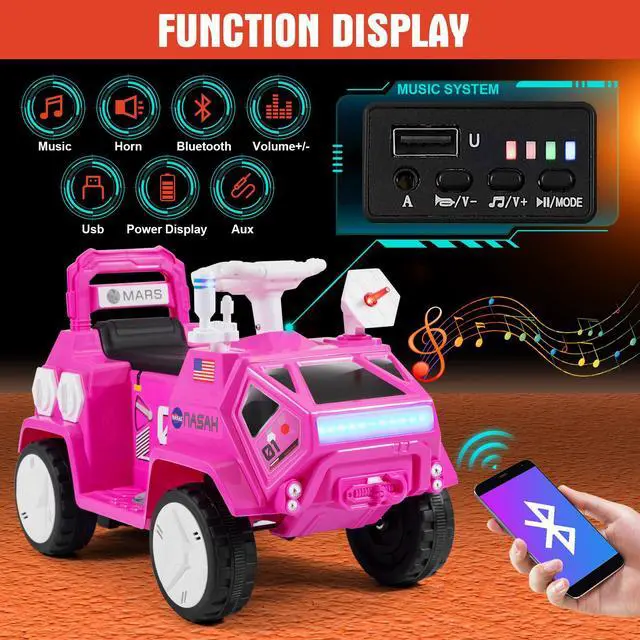 Alt view image 3 of 7 - JOYLDIAS 12V Ride On Car for Kids, Mars Rover Ride On Toy with Radar, Alarm, Remote Control, Music, Bluetooth, Lights, Pink