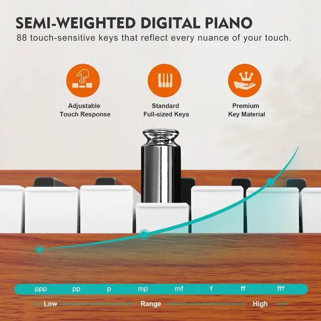 Alt view image 4 of 7 - MUSTAR Digital Piano 88 Key Semi Weighted for Beginners, 88 Key Weighted Keyboard Piano with Stand, Full Size Electric Piano Keyboard 88 Keys, Build-in Speakers, Case, Sustain Pedal, USB MIDI, Brown