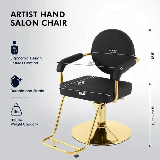 Alt view image 2 of 5 - Artist hand Salon Chair for Hair Stylist, Hydraulic Barber Chair 360° Swivel Hair Stylist Chair, Wide & Thick Seat Comfortable Salon and Spa Beauty Equipment Black and Gold