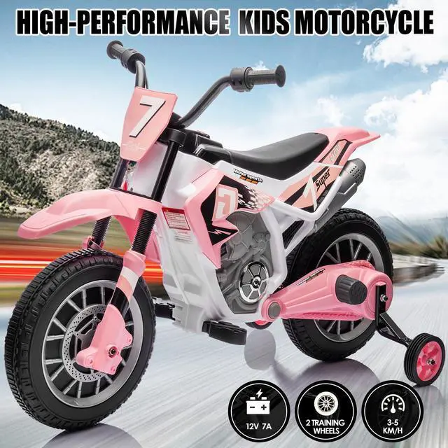 Alt view image 2 of 7 - JOYLDIAS Kids Motorcycle Dirt Bike, 12V7AH Battery-Powered Ride On Motorcycle for Kids, Off-Road Street Bike w/Music, Training Wheels, Spring Suspension, High/Low Speeds, Pink