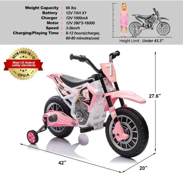Alt view image 7 of 7 - JOYLDIAS Kids Motorcycle Dirt Bike, 12V7AH Battery-Powered Ride On Motorcycle for Kids, Off-Road Street Bike w/Music, Training Wheels, Spring Suspension, High/Low Speeds, Pink