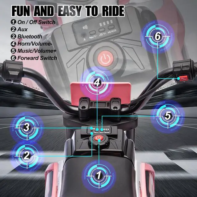 Alt view image 5 of 7 - JOYLDIAS Kids Motorcycle Dirt Bike, 12V7AH Battery-Powered Ride On Motorcycle for Kids, Off-Road Street Bike w/Music, Training Wheels, Spring Suspension, High/Low Speeds, Pink