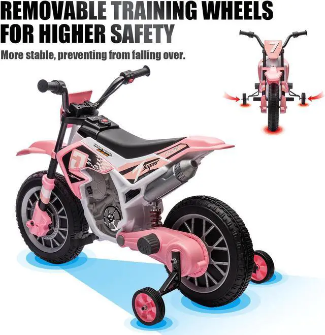 Alt view image 4 of 7 - JOYLDIAS Kids Motorcycle Dirt Bike, 12V7AH Battery-Powered Ride On Motorcycle for Kids, Off-Road Street Bike w/Music, Training Wheels, Spring Suspension, High/Low Speeds, Pink
