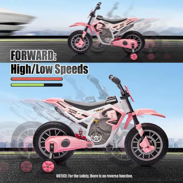 Alt view image 3 of 7 - JOYLDIAS Kids Motorcycle Dirt Bike, 12V7AH Battery-Powered Ride On Motorcycle for Kids, Off-Road Street Bike w/Music, Training Wheels, Spring Suspension, High/Low Speeds, Pink