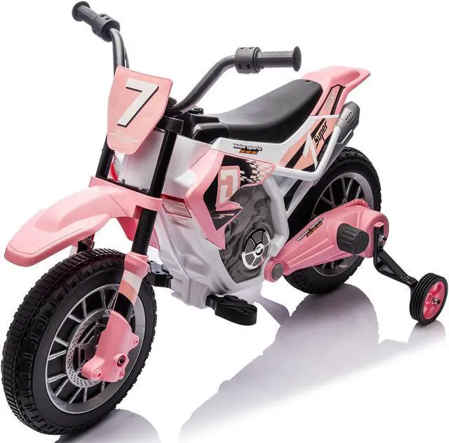 Alt view image 6 of 7 - JOYLDIAS Kids Motorcycle Dirt Bike, 12V7AH Battery-Powered Ride On Motorcycle for Kids, Off-Road Street Bike w/Music, Training Wheels, Spring Suspension, High/Low Speeds, Pink