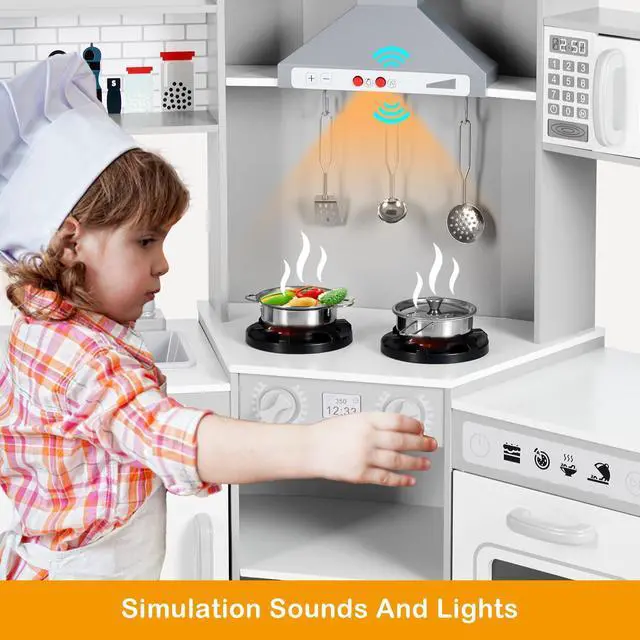 Alt view image 4 of 7 - JOYLDIAS Kids Play Kitchen,Corner Wooden Pretend Toddler Kitchen Toys Playset, Realistic Lights & Sounds,Microwave Oven,Water Dispenser, Phone, Sink,Cooking Accessories, for Toddlers Ages 3+, White
