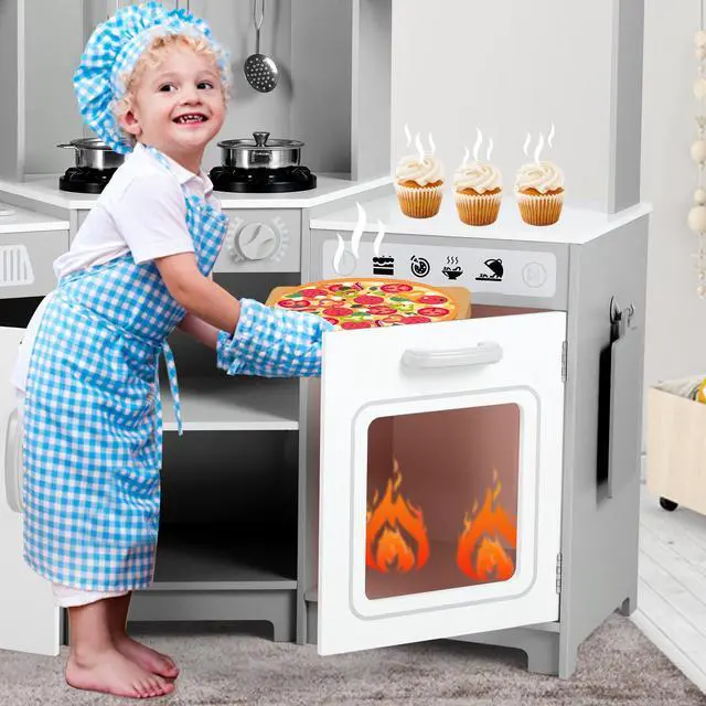 Alt view image 6 of 7 - JOYLDIAS Kids Play Kitchen,Corner Wooden Pretend Toddler Kitchen Toys Playset, Realistic Lights & Sounds,Microwave Oven,Water Dispenser, Phone, Sink,Cooking Accessories, for Toddlers Ages 3+, White