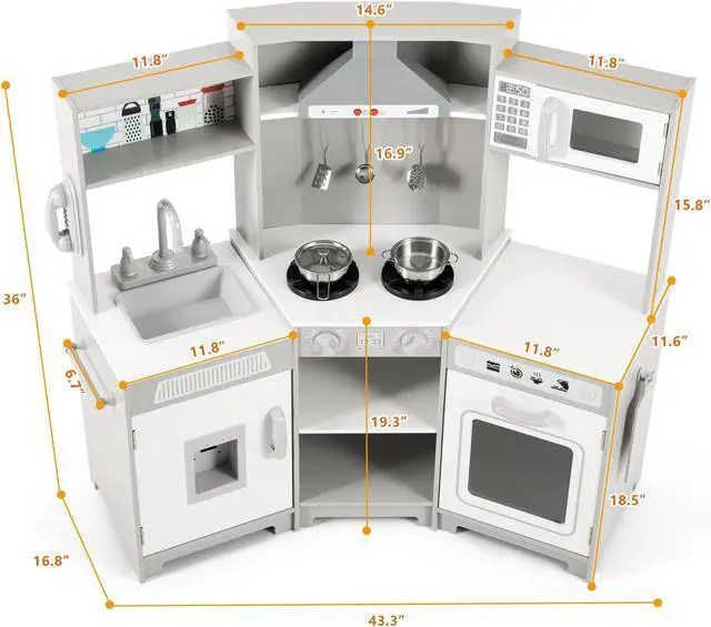 Alt view image 5 of 7 - JOYLDIAS Kids Play Kitchen,Corner Wooden Pretend Toddler Kitchen Toys Playset, Realistic Lights & Sounds,Microwave Oven,Water Dispenser, Phone, Sink,Cooking Accessories, for Toddlers Ages 3+, White
