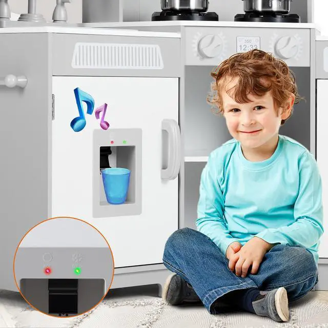 Alt view image 7 of 7 - JOYLDIAS Kids Play Kitchen,Corner Wooden Pretend Toddler Kitchen Toys Playset, Realistic Lights & Sounds,Microwave Oven,Water Dispenser, Phone, Sink,Cooking Accessories, for Toddlers Ages 3+, White