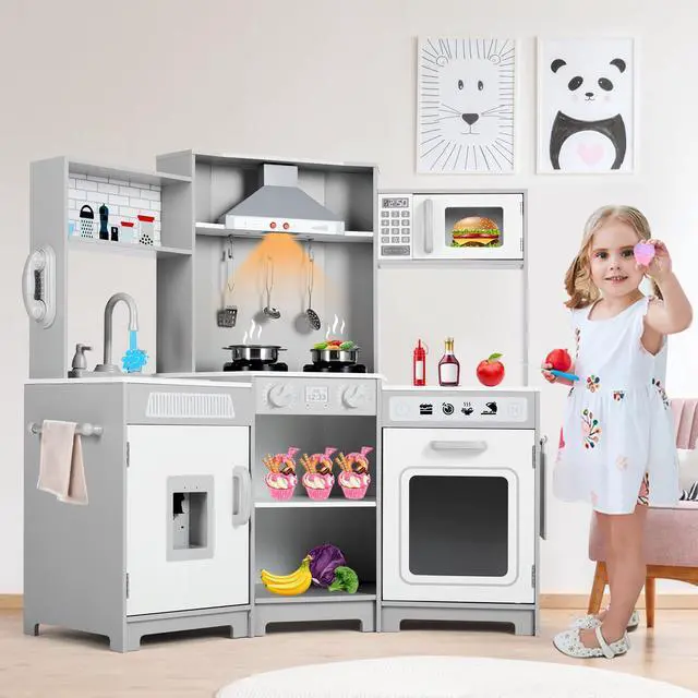 Main image of JOYLDIAS Kids Play Kitchen,Corner Wooden Pretend Toddler Kitchen Toys Playset, Realistic Lights & Sounds,Microwave Oven,Water Dispenser, Phone, Sink,Cooking Accessories, for Toddlers Ages 3+, White