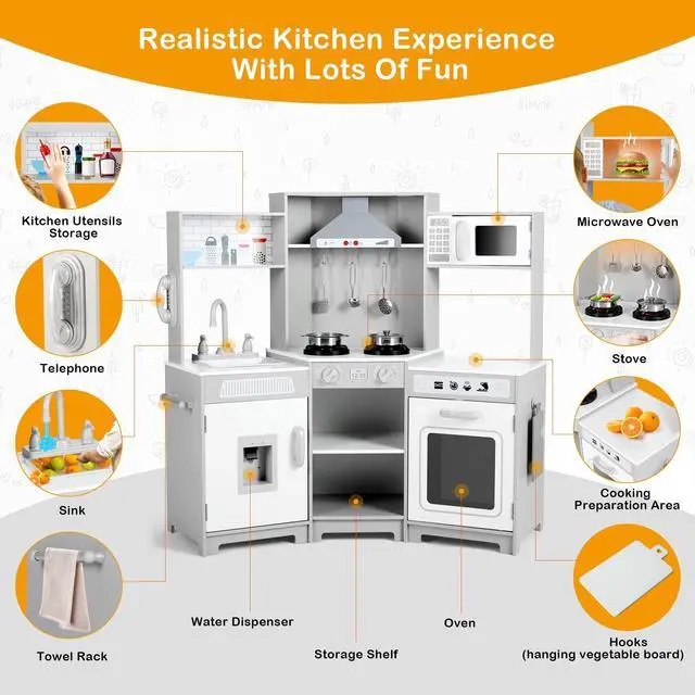 Alt view image 2 of 7 - JOYLDIAS Kids Play Kitchen,Corner Wooden Pretend Toddler Kitchen Toys Playset, Realistic Lights & Sounds,Microwave Oven,Water Dispenser, Phone, Sink,Cooking Accessories, for Toddlers Ages 3+, White
