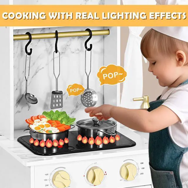 Alt view image 6 of 7 - JOYLDIAS Play Kitchen, Wooden Kids Play Kitchen Playset Chef Pretend Play Set for Toddlers w/Ice Cube Dispenser, Oven, Cooking Accessories,Trendy Home Style w/Curtains, Storange Box, Gift for Ages 3+
