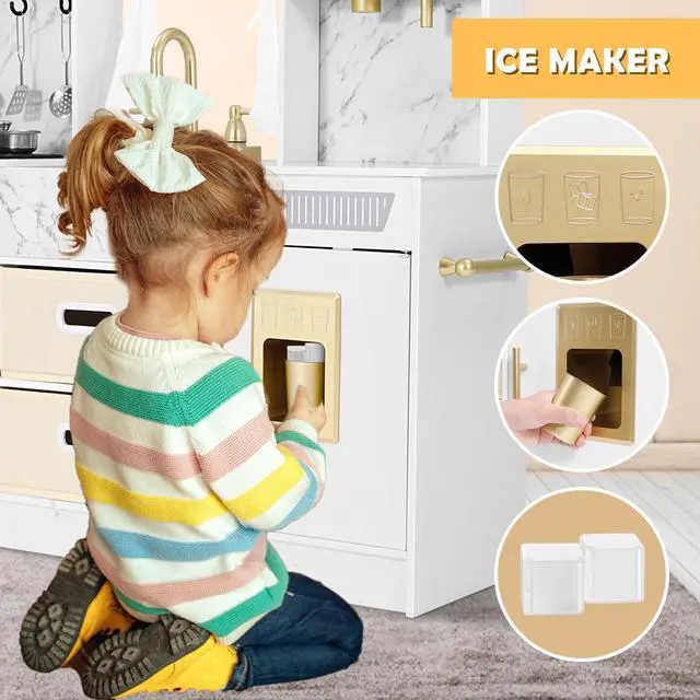 Alt view image 7 of 7 - JOYLDIAS Play Kitchen, Wooden Kids Play Kitchen Playset Chef Pretend Play Set for Toddlers w/Ice Cube Dispenser, Oven, Cooking Accessories,Trendy Home Style w/Curtains, Storange Box, Gift for Ages 3+