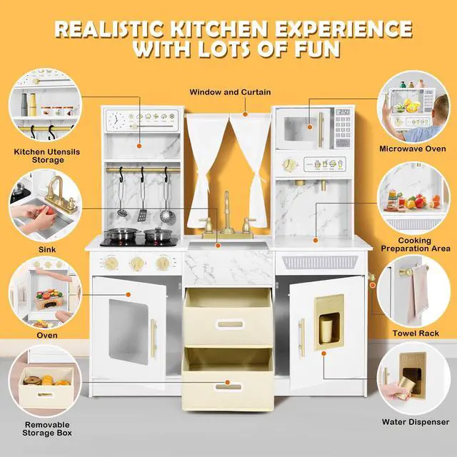 Alt view image 2 of 7 - JOYLDIAS Play Kitchen, Wooden Kids Play Kitchen Playset Chef Pretend Play Set for Toddlers w/Ice Cube Dispenser, Oven, Cooking Accessories,Trendy Home Style w/Curtains, Storange Box, Gift for Ages 3+