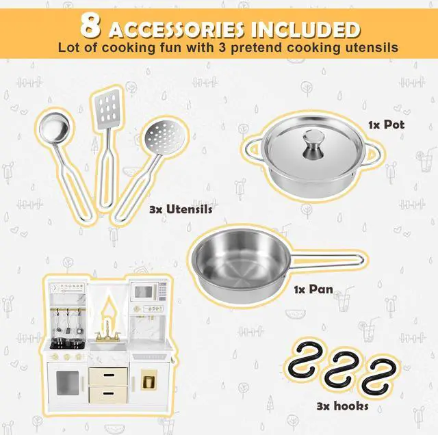 Alt view image 3 of 7 - JOYLDIAS Play Kitchen, Wooden Kids Play Kitchen Playset Chef Pretend Play Set for Toddlers w/Ice Cube Dispenser, Oven, Cooking Accessories,Trendy Home Style w/Curtains, Storange Box, Gift for Ages 3+