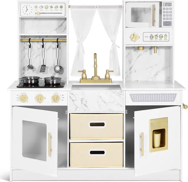 Alt view image 4 of 7 - JOYLDIAS Play Kitchen, Wooden Kids Play Kitchen Playset Chef Pretend Play Set for Toddlers w/Ice Cube Dispenser, Oven, Cooking Accessories,Trendy Home Style w/Curtains, Storange Box, Gift for Ages 3+