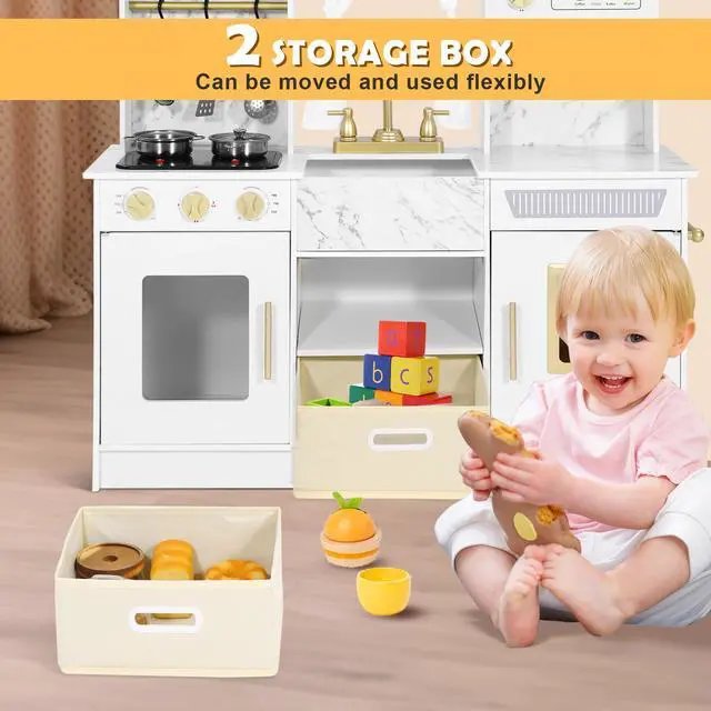 Alt view image 5 of 7 - JOYLDIAS Play Kitchen, Wooden Kids Play Kitchen Playset Chef Pretend Play Set for Toddlers w/Ice Cube Dispenser, Oven, Cooking Accessories,Trendy Home Style w/Curtains, Storange Box, Gift for Ages 3+