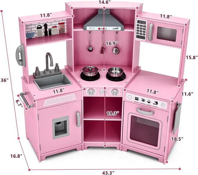 Alt view image 5 of 7 - JOYLDIAS Kids Play Kitchen,Corner Wooden Pretend Toddler Kitchen Toys Playset with Realistic Lights & Sounds,Microwave Oven,Water Dispenser, Phone, Sink,Cooking Accessories, for Ages 3+, Pink