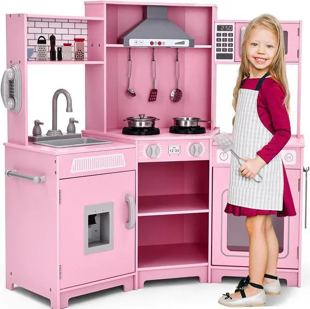 Main image of JOYLDIAS Kids Play Kitchen,Corner Wooden Pretend Toddler Kitchen Toys Playset with Realistic Lights & Sounds,Microwave Oven,Water Dispenser, Phone, Sink,Cooking Accessories, for Ages 3+, Pink