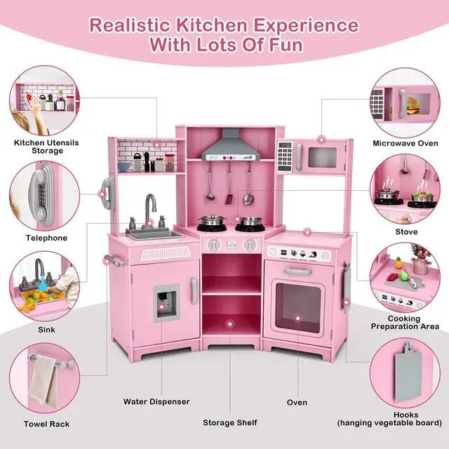 Alt view image 2 of 7 - JOYLDIAS Kids Play Kitchen,Corner Wooden Pretend Toddler Kitchen Toys Playset with Realistic Lights & Sounds,Microwave Oven,Water Dispenser, Phone, Sink,Cooking Accessories, for Ages 3+, Pink