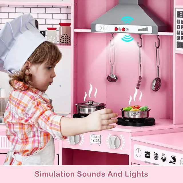 Alt view image 6 of 7 - JOYLDIAS Kids Play Kitchen,Corner Wooden Pretend Toddler Kitchen Toys Playset with Realistic Lights & Sounds,Microwave Oven,Water Dispenser, Phone, Sink,Cooking Accessories, for Ages 3+, Pink