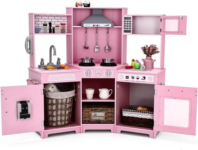 Alt view image 3 of 7 - JOYLDIAS Kids Play Kitchen,Corner Wooden Pretend Toddler Kitchen Toys Playset with Realistic Lights & Sounds,Microwave Oven,Water Dispenser, Phone, Sink,Cooking Accessories, for Ages 3+, Pink