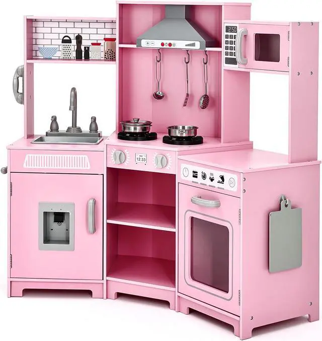 Alt view image 7 of 7 - JOYLDIAS Kids Play Kitchen,Corner Wooden Pretend Toddler Kitchen Toys Playset with Realistic Lights & Sounds,Microwave Oven,Water Dispenser, Phone, Sink,Cooking Accessories, for Ages 3+, Pink