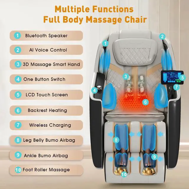 Alt view image 7 of 7 - 3D Full Body Massage Chair, Zero Gravity Recliner Chair With AI Voice Control, Back And Calf Heating, Bluetooth Speakers, And Foot Massager, Full Body Airbags Compression Massage (Black & White)