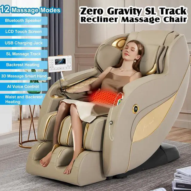 Alt view image 3 of 6 - Massage Chair Full Body, Zero Gravity Massage Chair SL-Track Shiatsu Massage Recliner Chair with 12 Modes, Bluetooth Speakers, Body Scan, Heating, Foot Roller, AI Control, Airbags, Khaki