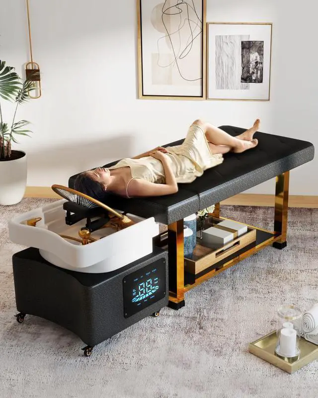Alt view image 5 of 6 - Artist Hand Head Spa Bed with Shampoo Sink | Massage Bed, Movable Scalp Treatment Unit, Rolling Locking Casters, Hot/Cold Water Connection, High-Density Foam, Salon Shampoo Station