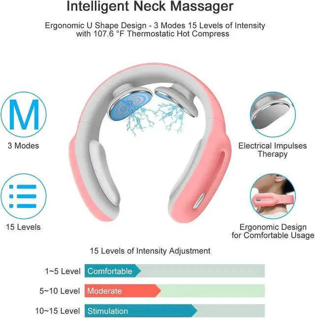 Alt view image 3 of 7 - Electric Pulse Neck Massager Cordless, Intelligent Neck Massager with Heat, 3 Modes 15 Levels Deep Tissue Trigger Point Massager for Pain Relief and Relax at Office, Home, Travel, Car