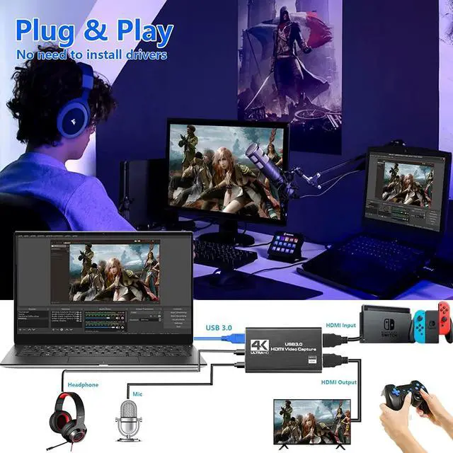 Alt view image 4 of 7 - 4K Audio Video Capture Card, USB 3.0 HDMI Video Capture Device, Full HD 1080P for Game Recording, Live Streaming Broadcasting