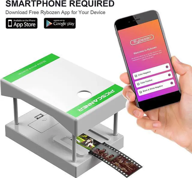 Alt view image 2 of 6 - Rybozen Mobile Film and Slide Scanner, Lets You Scan and Play with Old 35mm Films & Slides Using Your Smartphone Camera, Fun Toys and Gifts with LED Backlight, Rugged Plastic Folding Scanner White