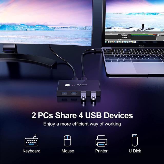 USB Switch, USB 3.0 Switch, Aluminum KM Switch 2 Computers Sharing 4 USB  Devices KM Switches 5V USB-C Powered for PC Printer Scanner Mouse Keyboard