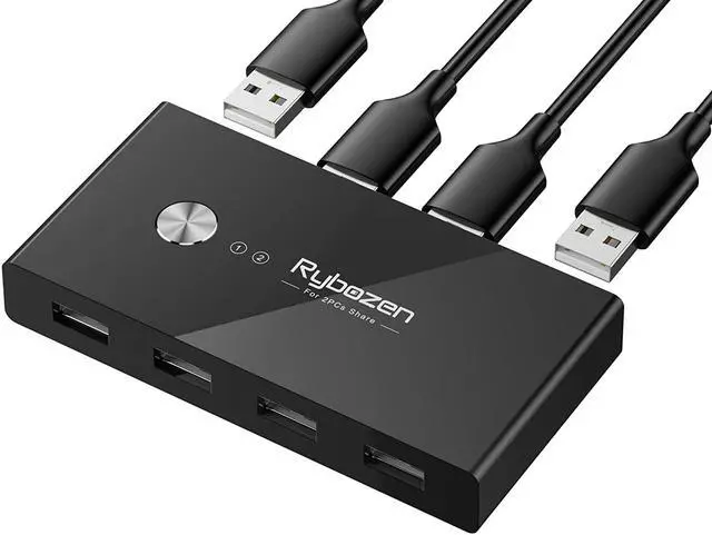 Main image of USB Switch Selector KVM Switch for 2 Computers Sharing 4 USB Devices, USB 2.0 Peripheral Box Hub for Keyboard, Mouse, Scanner, Printer,with One-Button Swapping & 2 Pack USB Cable