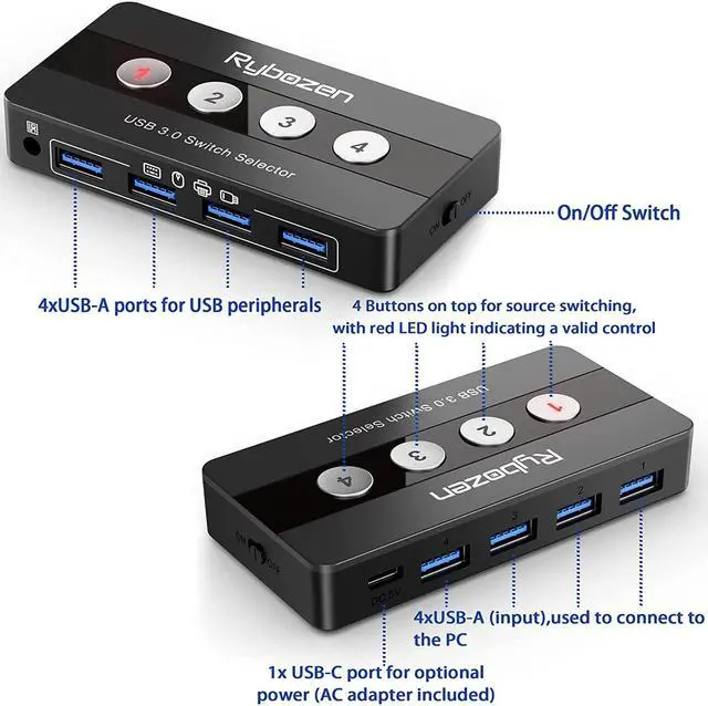 Alt view image 5 of 7 - Rybozen USB 3.0 Switch Selector, 4 Port KVM Switches USB Hub Peripheral KVM Switcher Box, 4 Computers Sharing 4 USB Devices, for PC, Printer, Scanner, Mouse, Keyboard, Button Switch & Remote Control