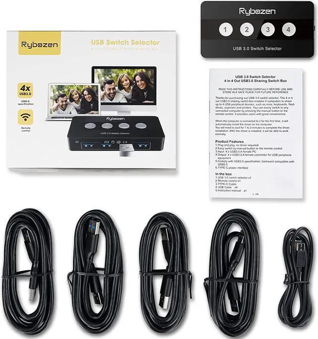 Alt view image 7 of 7 - Rybozen USB 3.0 Switch Selector, 4 Port KVM Switches USB Hub Peripheral KVM Switcher Box, 4 Computers Sharing 4 USB Devices, for PC, Printer, Scanner, Mouse, Keyboard, Button Switch & Remote Control