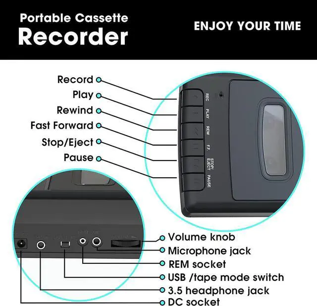 Alt view image 4 of 7 - Rybozen Portable Cassette Player, Walkman Tape Cassettes Converter MP3 with USB Player, Captures U Disk Audio Files,Headphone/Microphone Jack