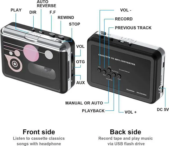 Alt view image 2 of 6 - Rybozen Cassette Player, Portable USB Cassette to MP3 Converter, Walkman Audio Music Cassette Tape to Digital Converter Player with Earphones, No PC Required, Black