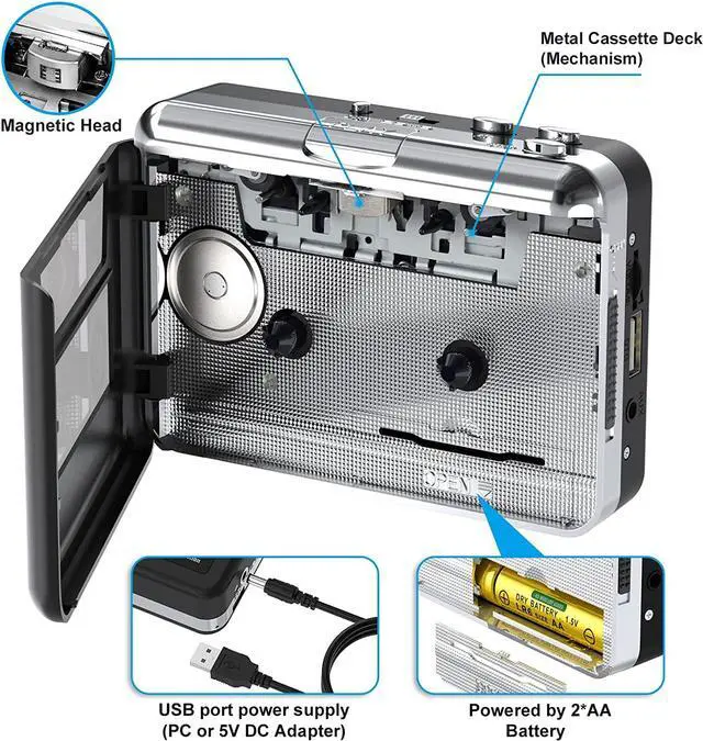 Alt view image 4 of 6 - Rybozen Cassette Player, Portable USB Cassette to MP3 Converter, Walkman Audio Music Cassette Tape to Digital Converter Player with Earphones, No PC Required, Black