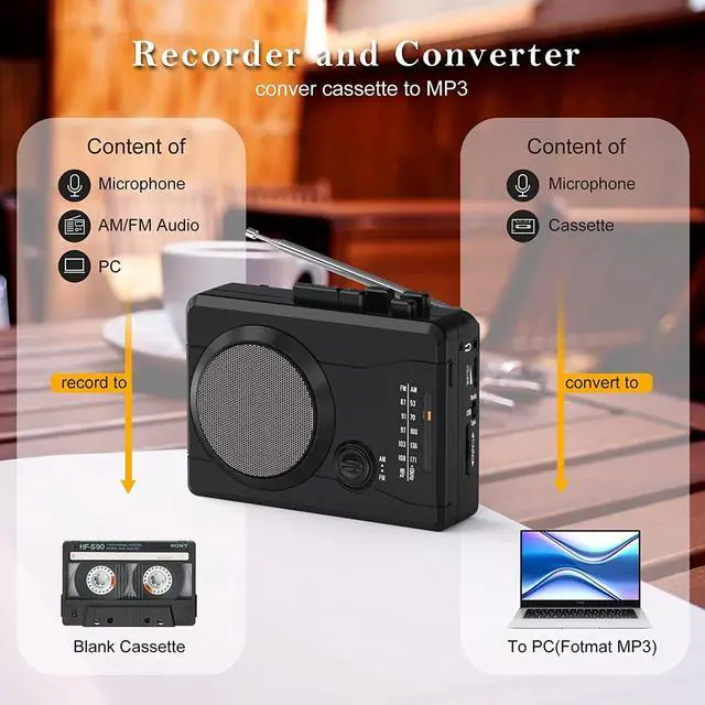 Alt view image 6 of 6 - Rybozen Portable Walkman Cassette Player Recorder, Personal Retro Walkman Audio Stereo Recording, AM/FM Radio, Tape to MP3 Converter, Built-in External Speaker, 3.5MM Headphone Jack and Earphone Inclu